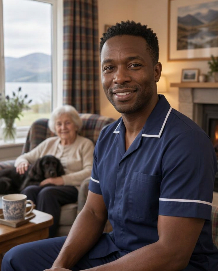 Black male Baynes Care professional smiling in a warm home setting