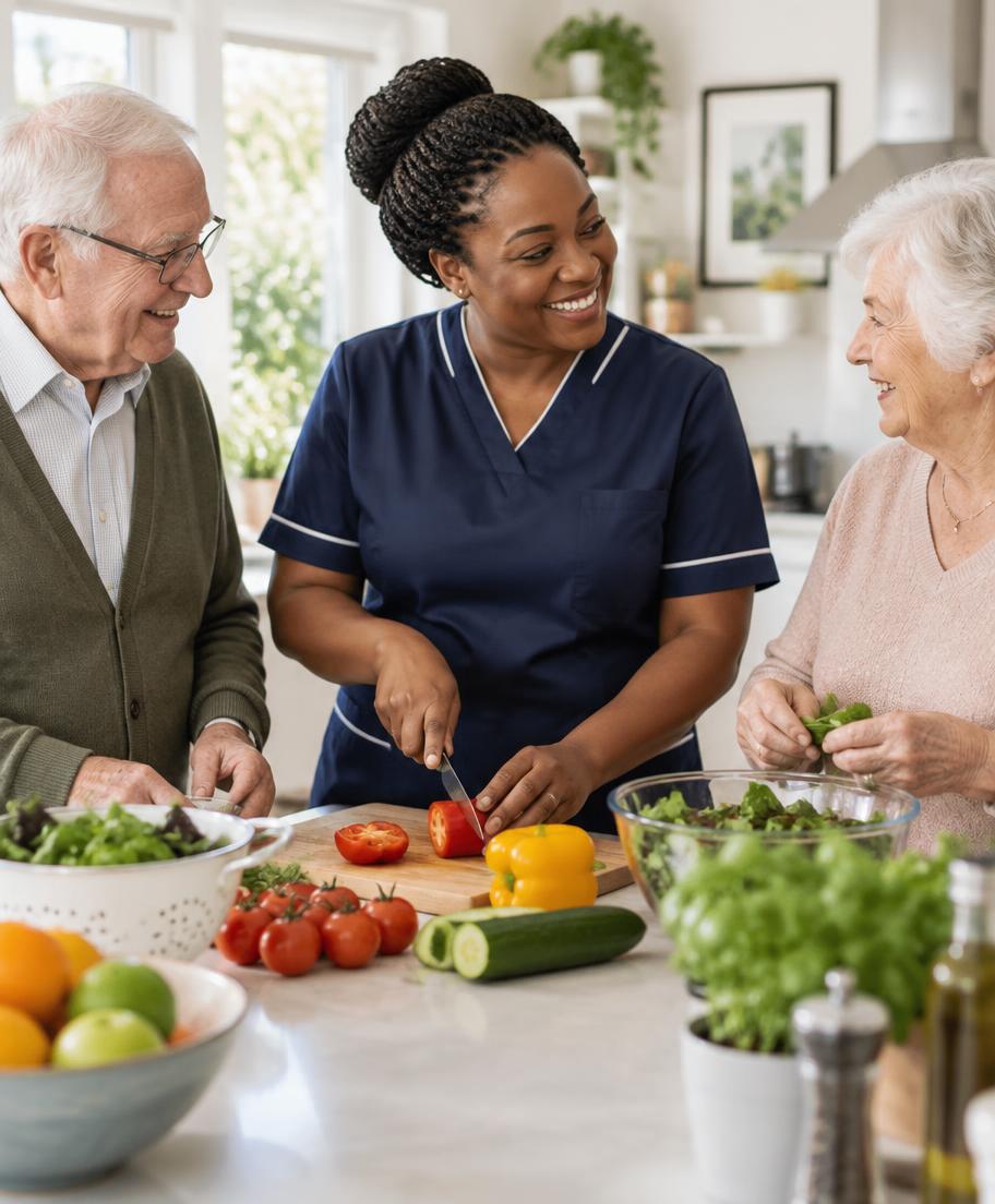 Carer preparing a meal with an elderly couple in a bright kitchen